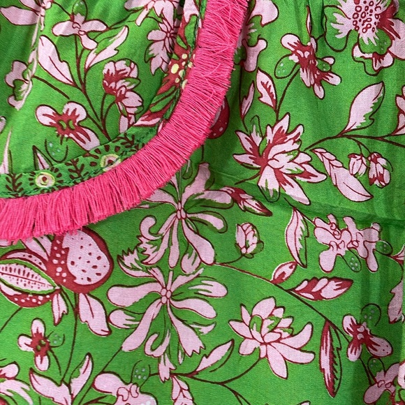Poupette St Barth Boxer Lulu Shorts Size L Green Floral Pink Fringe Trim EUC - Picture 2 of 11
